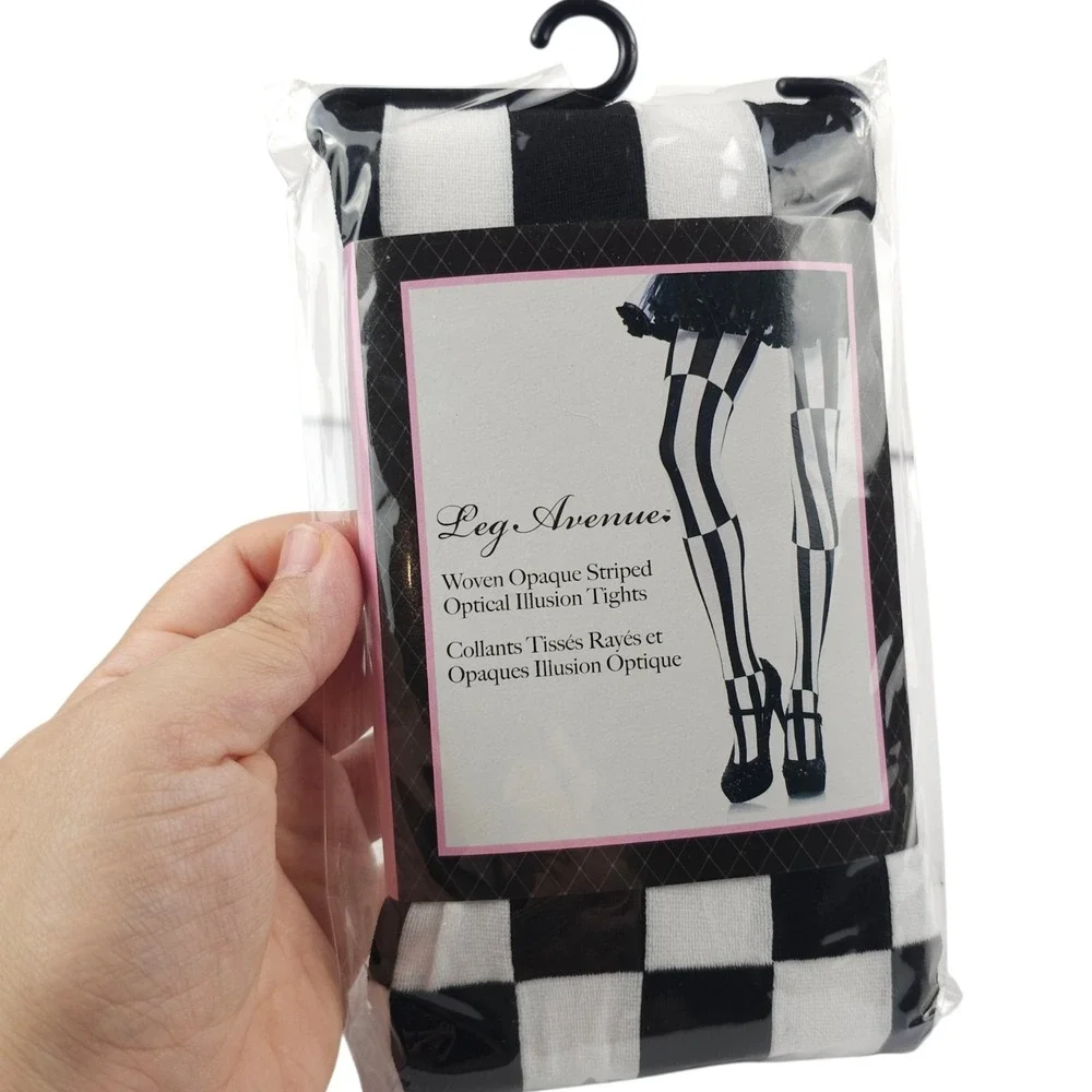 Leg Avenue 7904 Optical Illusion Striped Tights Black White Opaque Pantyhose OS